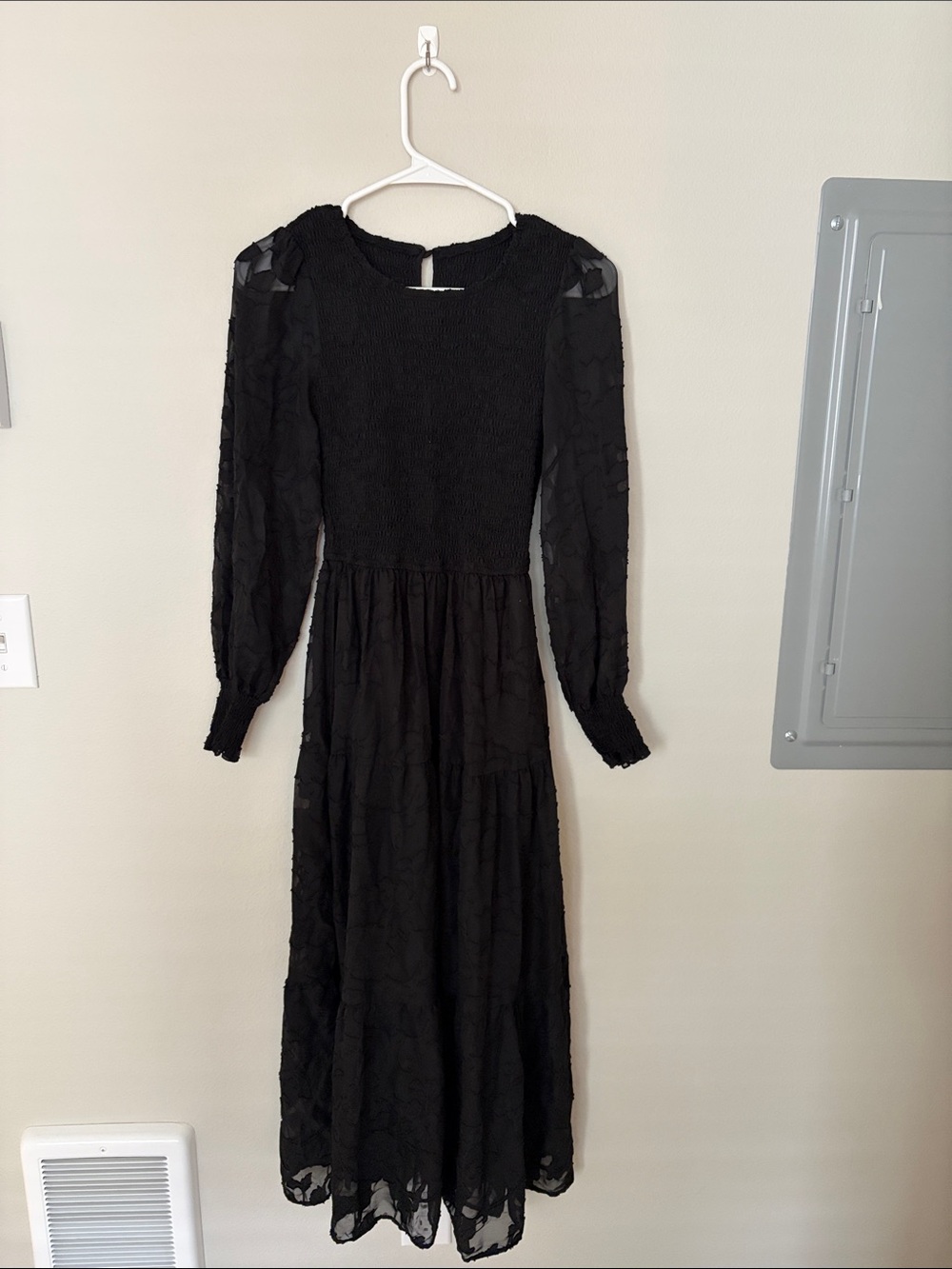 Black Long Sleeve Smocked Maxi Dress